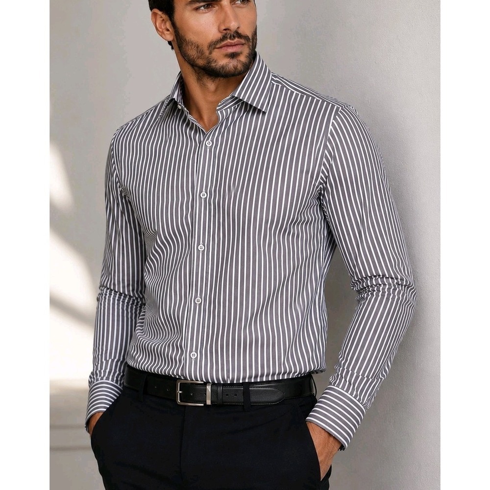Palenzo Uomo Men's Gray White Stripe Dress Shirt XL Button Up Stretch NWT